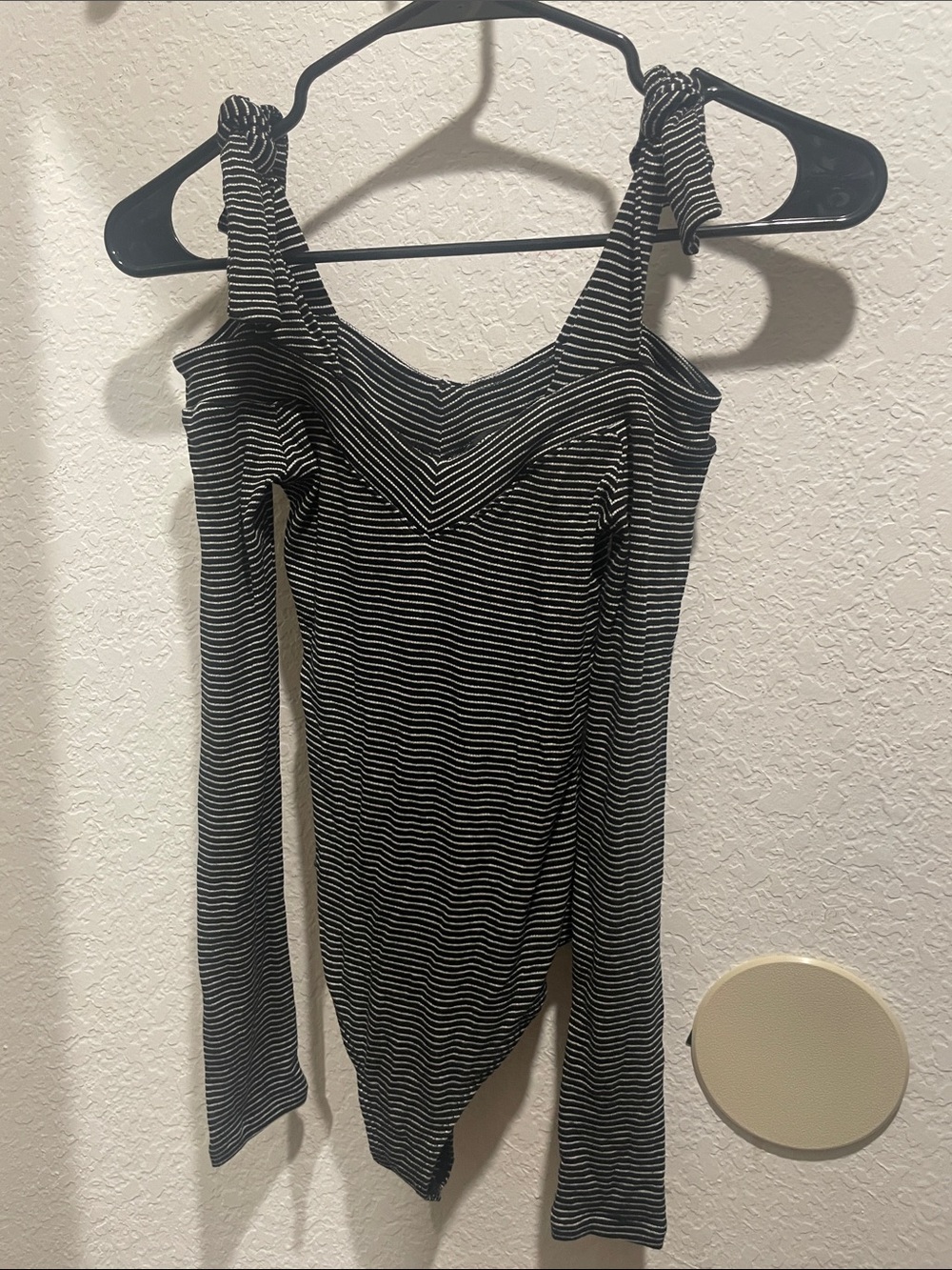 Express Black & White Striped Cold-Shoulder Bodysuit